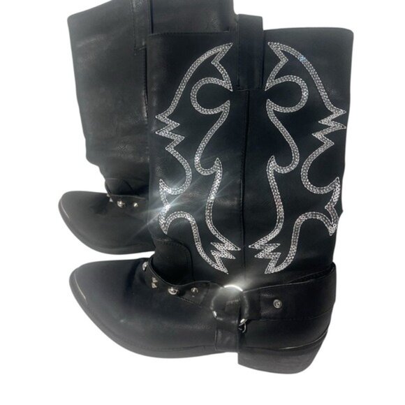 Women's Black Leather Western Boots With Embroidered Silver,Metal Toe Caps & Stu - Picture 1 of 5